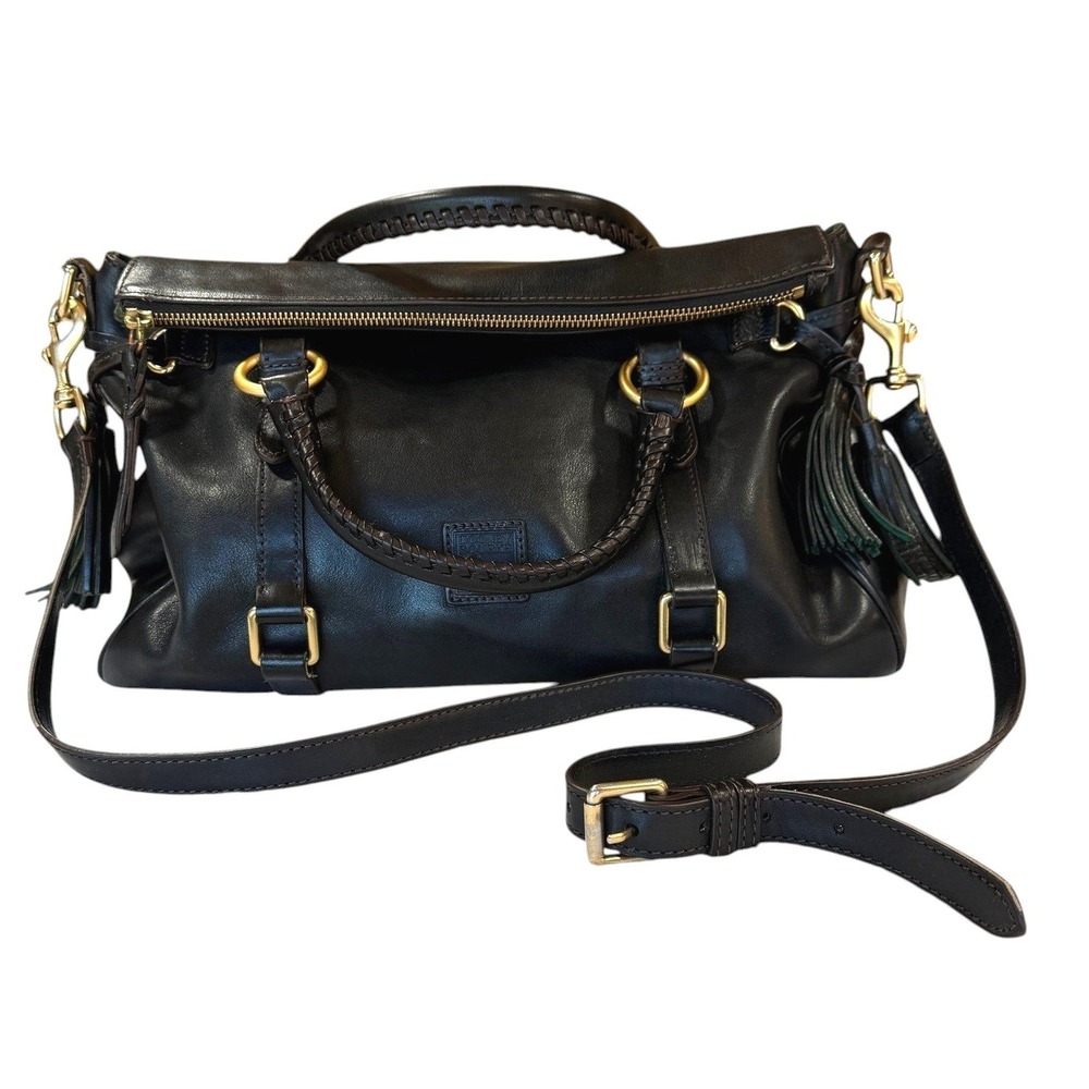 Dooney & Bourke Black Leather Whipstitch Tassel Satchel Crossbody Bag